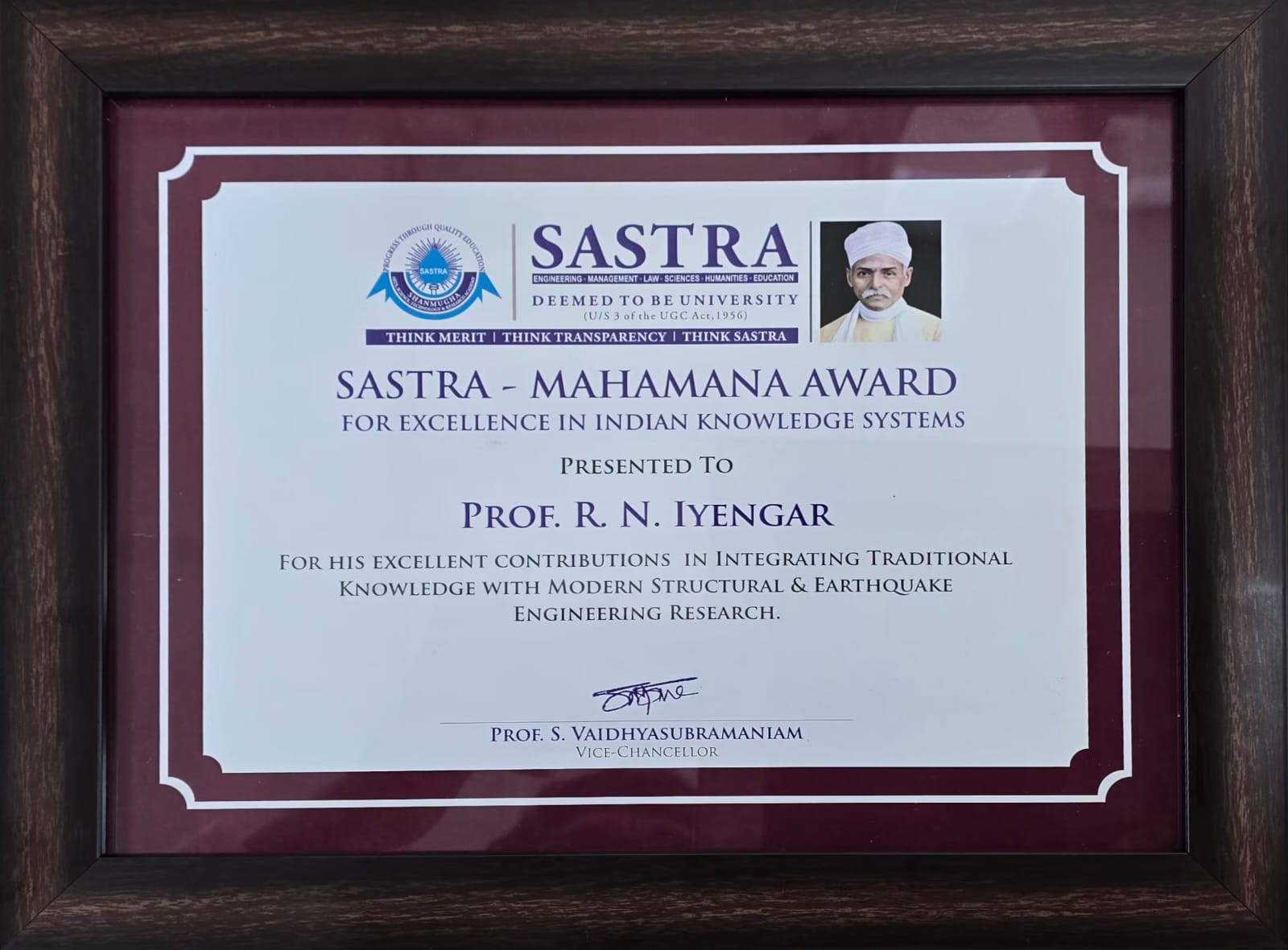 SASTRA-Mahamana award citation presented to Prof. R. N. Iyengar